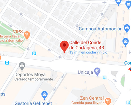 Plano de situación del despacho en la calle del Conde de Cartagena, 43, cerca del metro de Conde de Casal. Ver en Google Maps (se abre en una pestaña nueva)